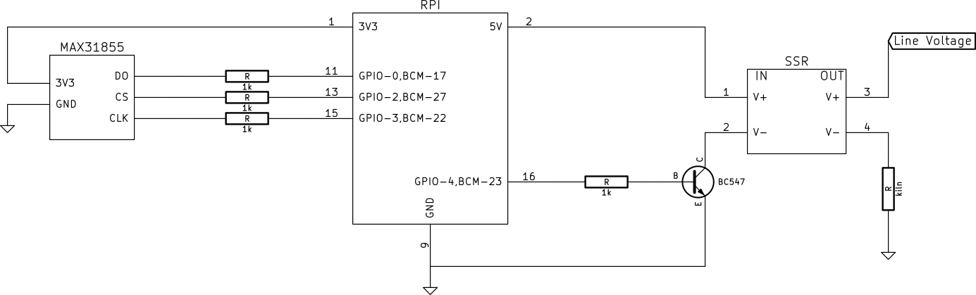 Kiln-controller wiring: MAX31855, Raspberry Pi, transistor-driven SSR, and kiln element
