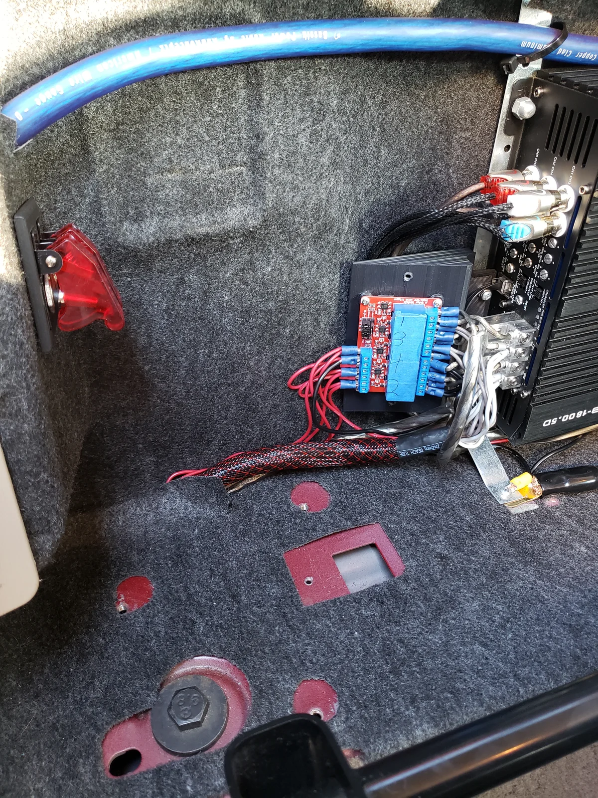 Relay board, amp, and covered toggle